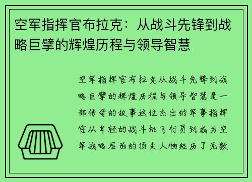 空军指挥官布拉克：从战斗先锋到战略巨擘的辉煌历程与领导智慧